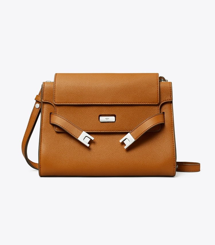 Tory Burch designer shoulder bags Lee Radziwill Pebbled Shoulder Bag in BOURBON front