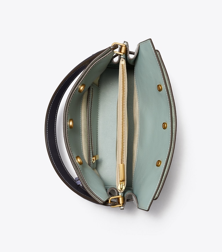 Tory Burch designer satchels Lee Radziwill Pebbled Small Double Bag  in DARK LOTUS angle