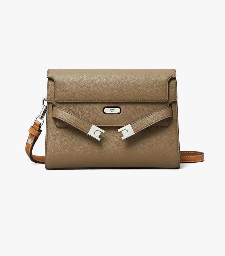 Tory Burch designer schultertaschen Lee Radziwill Schultertasche aus Strukturleder in Colorblock-Optik in Wild Mushroom angle