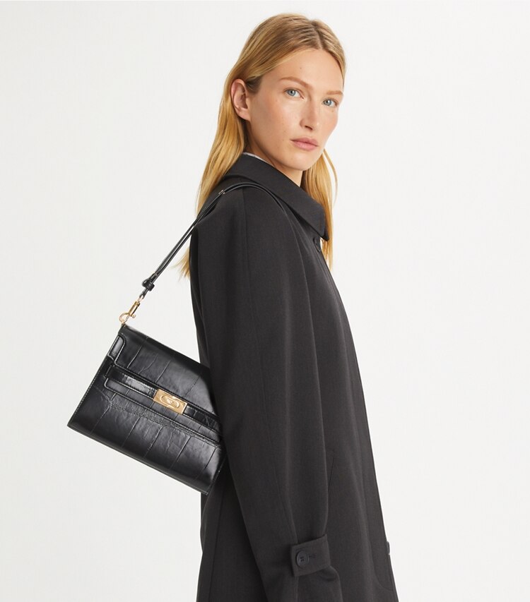 Tory Burch designer schultertaschen Lee Radziwill Schultertasche mit Krokoprägung in Black accessory on model