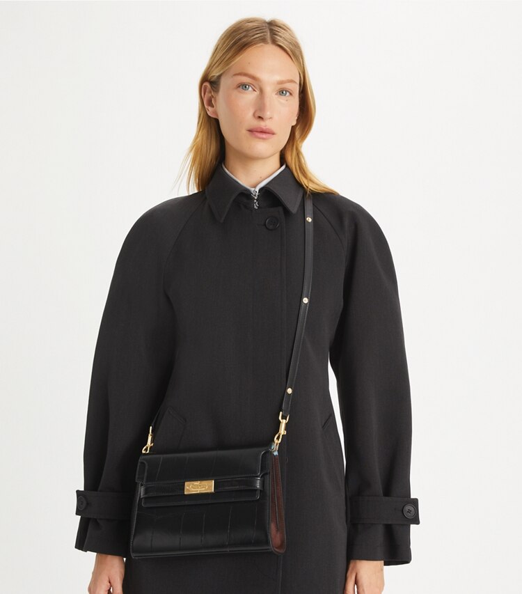 Tory Burch designer schultertaschen Lee Radziwill Schultertasche mit Krokoprägung in Black additional on model