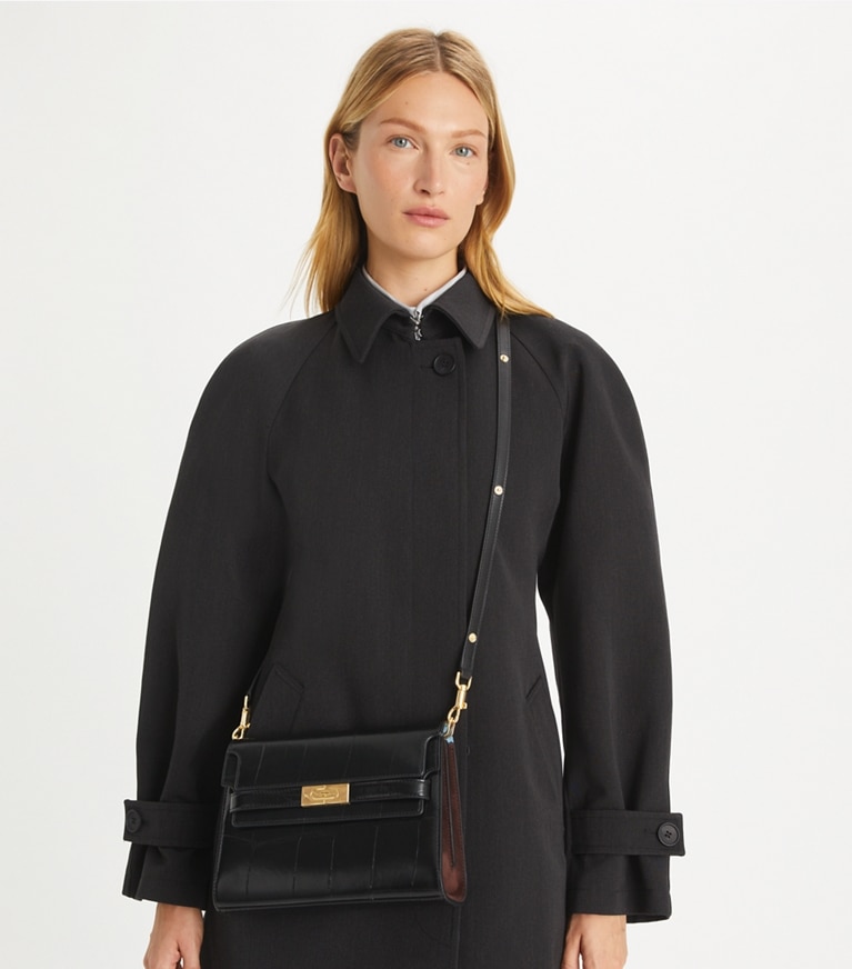 Tory Burch designer schultertaschen Lee Radziwill Schultertasche mit Krokoprägung in Black angle