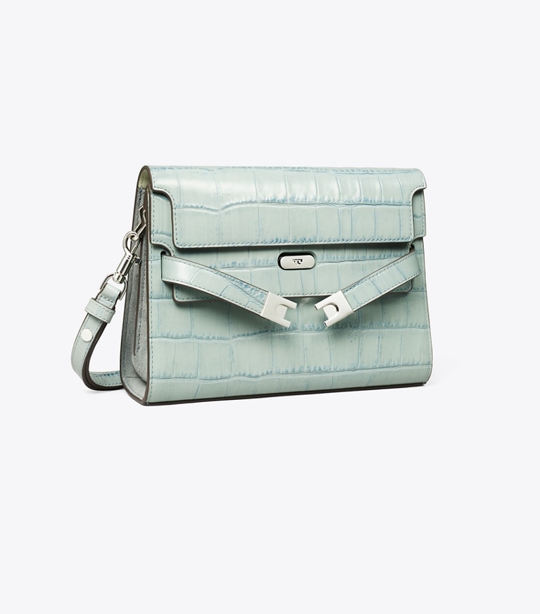 Tory Burch designer schultertaschen Lee Radziwill Schultertasche mit Krokoprägung in Blue Celadon angle