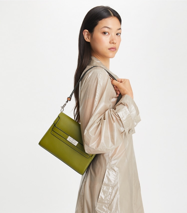 Tory Burch designer shoulder bags Lee Radziwill Shoulder Bag in Dark Matcha accessory on model