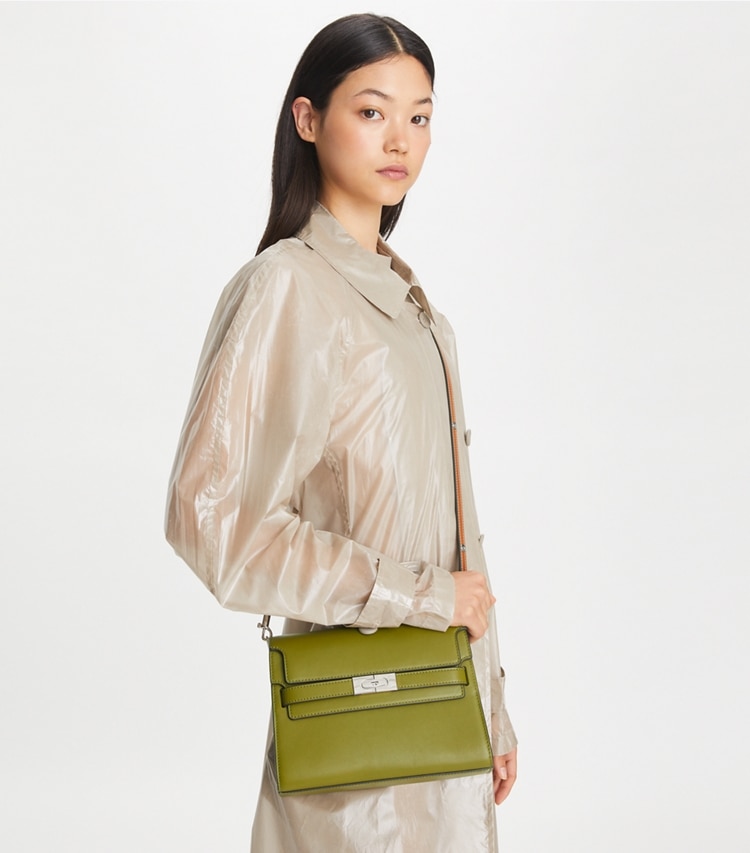 Tory Burch designer shoulder bags Lee Radziwill Shoulder Bag in Dark Matcha additional on model