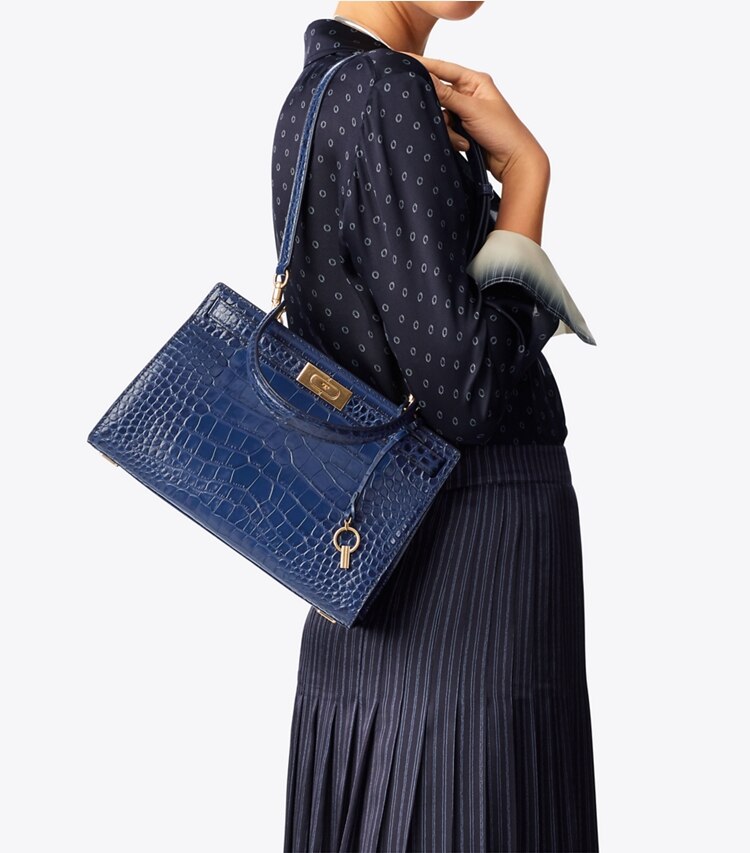 Tory Burch designer satchels Lee Radziwill Small Bag in Royal Navy accessory on model