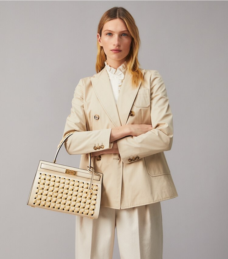 Tory Burch designer satchels Lee Radziwill Small Bag in New Cream accessory on model