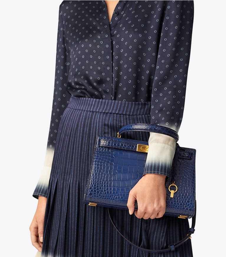 Tory Burch designer satchels Lee Radziwill Small Bag in Royal Navy angle