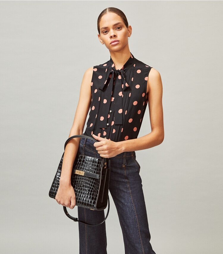 Tory Burch designer satchels Lee Radziwill Small Double Bag in Black accessory on model