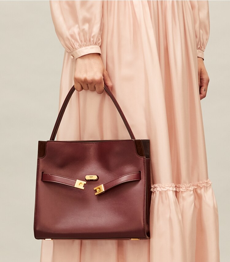 Tory Burch designer satchels Lee Radziwill Small Double Bag in Claret accessory on model