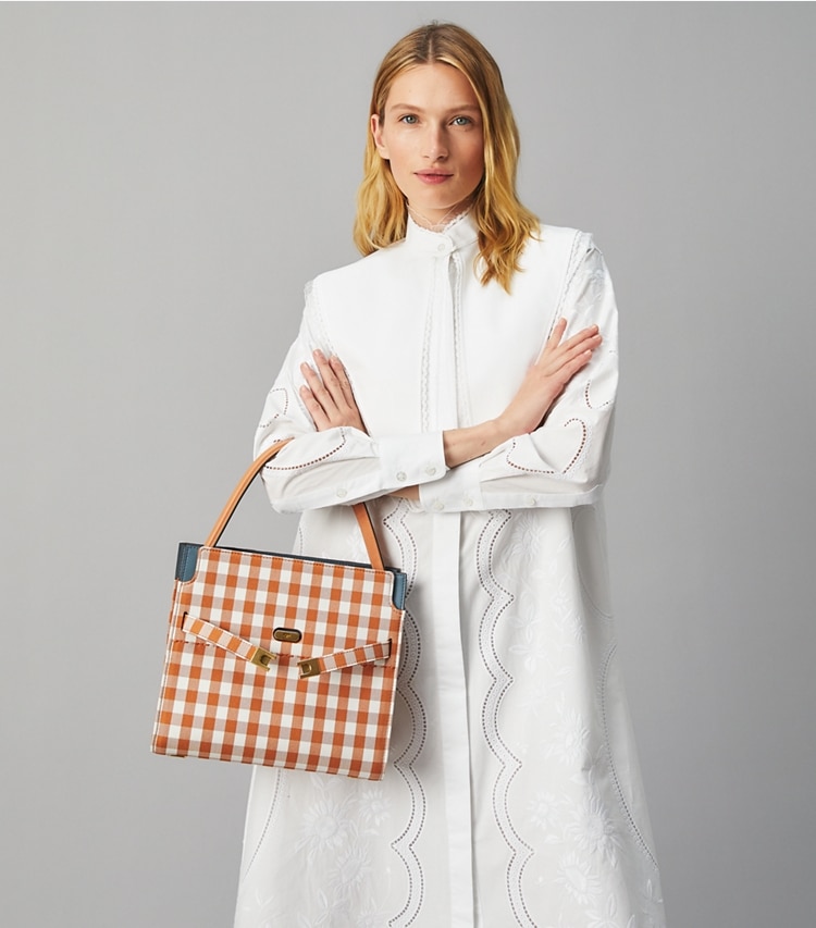 Tory Burch designer satchels Lee Radziwill Small Double Bag in Ochre Gingham accessory on model