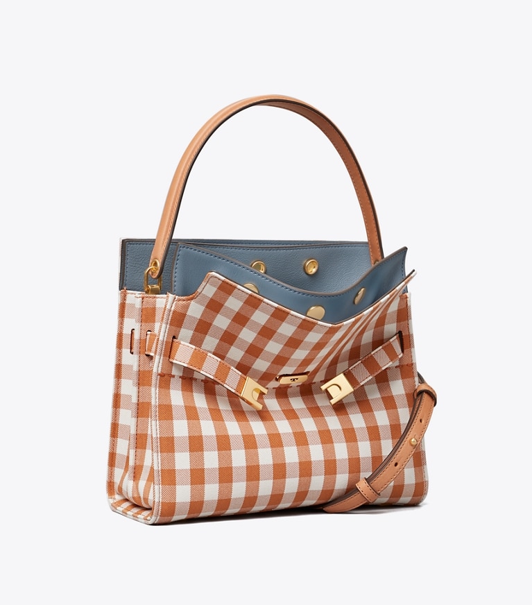 Tory Burch designer satchels Lee Radziwill Small Double Bag in Ochre Gingham angle