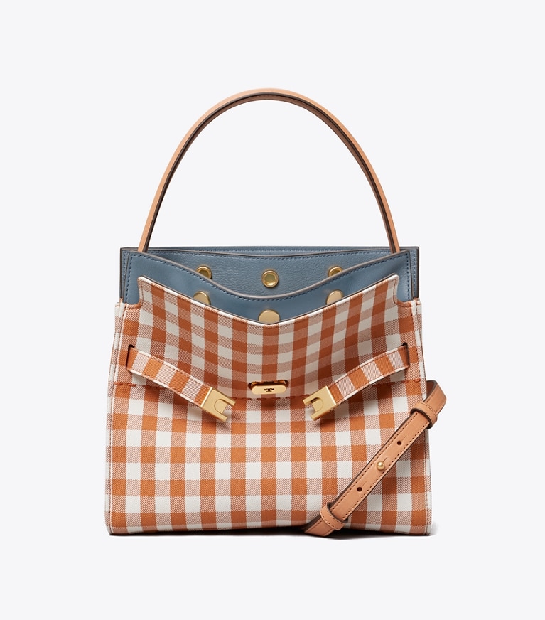 Tory Burch designer satchels Lee Radziwill Small Double Bag in Ochre Gingham angle