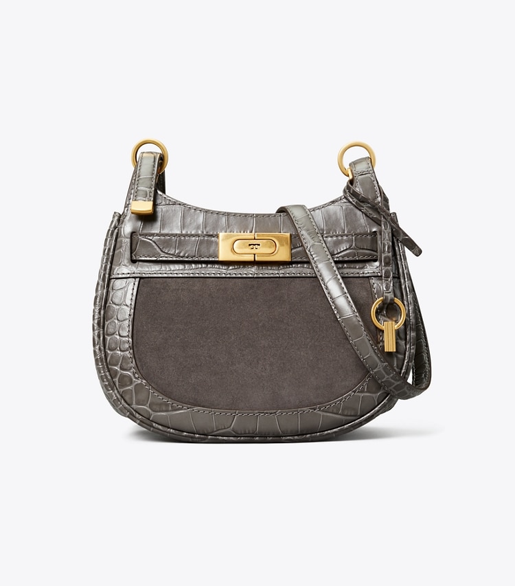 Tory Burch designer crossbody bags Lee Radziwill Small Saddlebag in Gray Ash front
