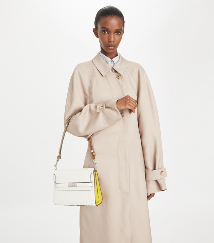 Tory Burch designer shoulder bags Lee Radziwill Snake Embossed Shoulder Bag in Blanc accessory on model