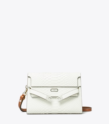 Tory Burch designer shoulder bags Lee Radziwill Snake Embossed Shoulder Bag in Blanc front