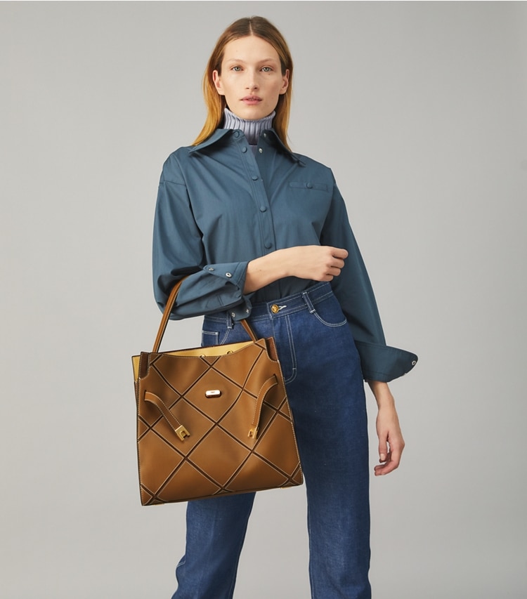 Tory Burch designer satchels Lee Radziwilll Double Bag in Bistro Brown accessory on model