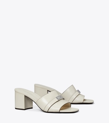 Tory Burch designer sandals LeeLee Heeled Mule in Light Cream angle