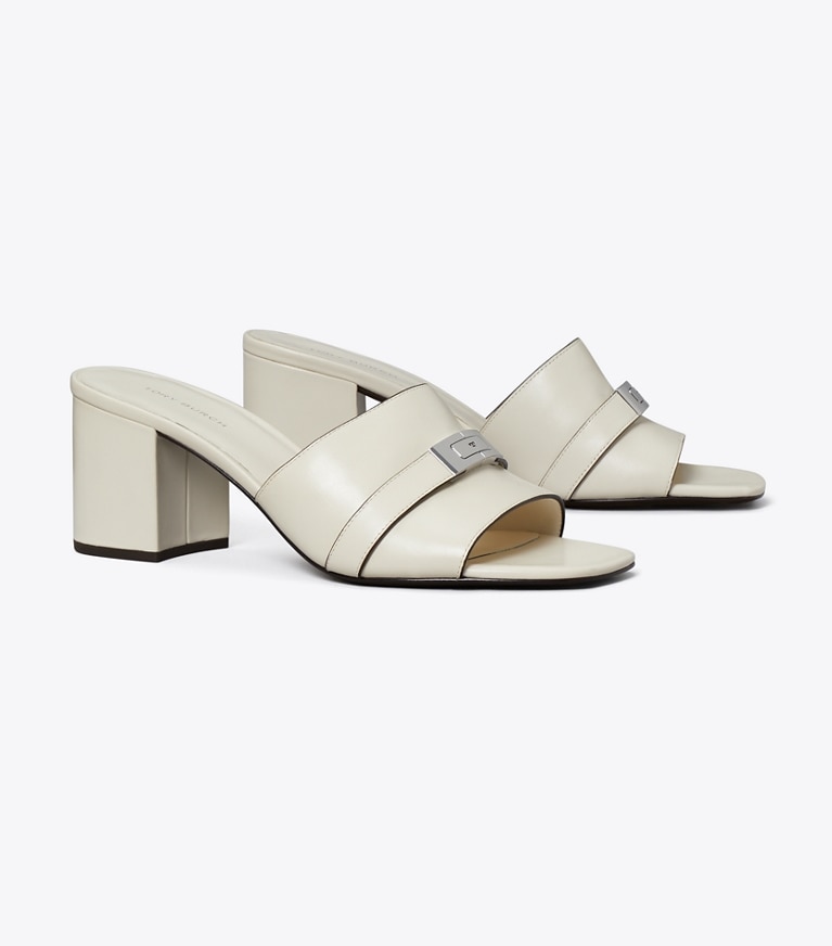 Tory Burch designer sandals Leelee Heeled Mule in Light Cream angle