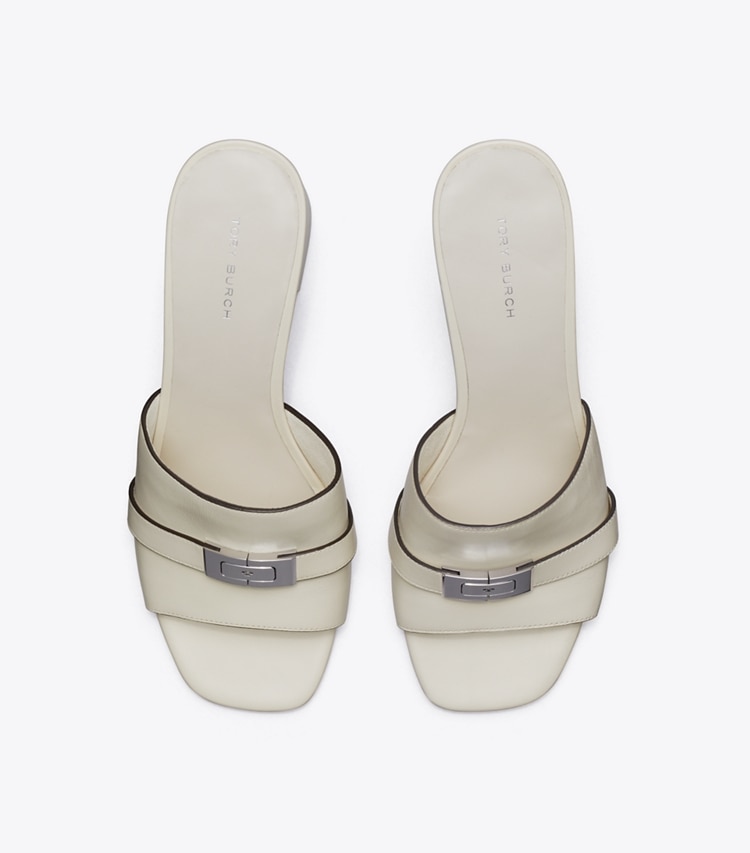 Tory Burch designer sandals Leelee Heeled Mule in Light Cream overhead