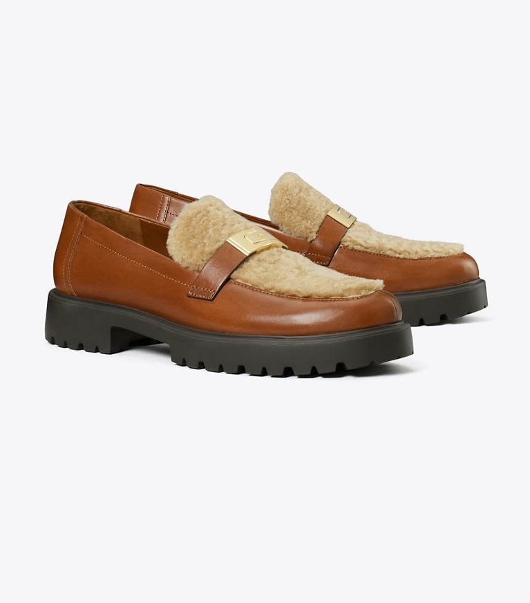 Tory Burch designer loafers LeeLee Loafer aus Lammfell mit Profilsohle in CLASSIC CUOIO / BUTTERMILK / GOLD angle