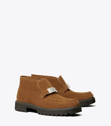 Tory Burch designer ankle boots Leelee Lug Boot in WEATHERED OAK angle