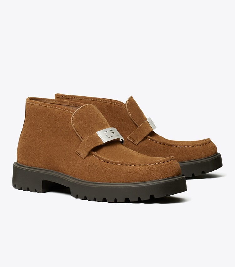 Tory Burch designer ankle boots LeeLee Lug Boot in WEATHERED OAK angle