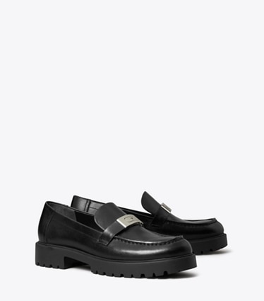 Tory Burch designer flats LeeLee Lug Loafer in PERFECT BLACK angle