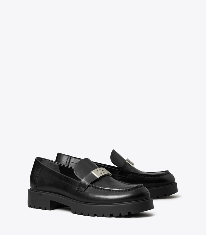 Tory Burch designer flats LeeLee Lug Loafer in PERFECT BLACK angle