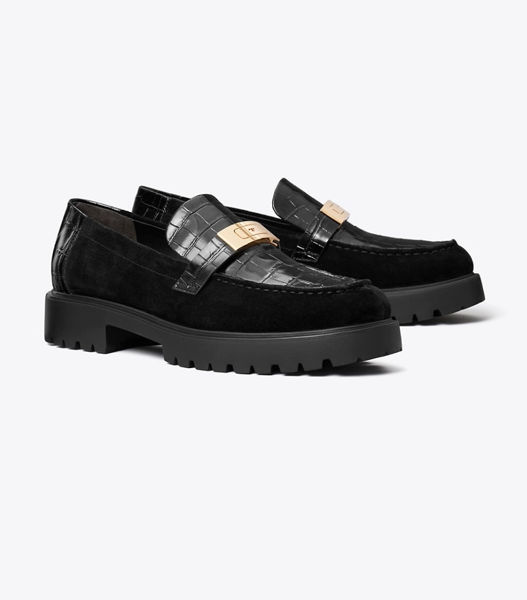 Tory Burch designer flats Leelee Lug Loafer in PERFECT BLACK / GOLD angle