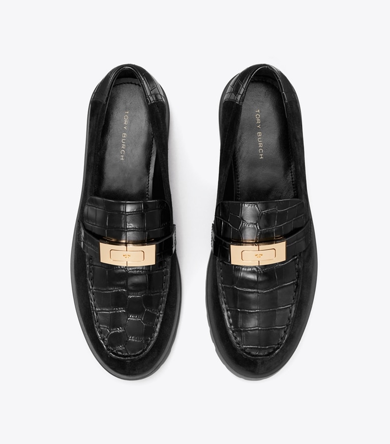 Tory Burch designer flats Leelee Lug Loafer in PERFECT BLACK / GOLD overhead