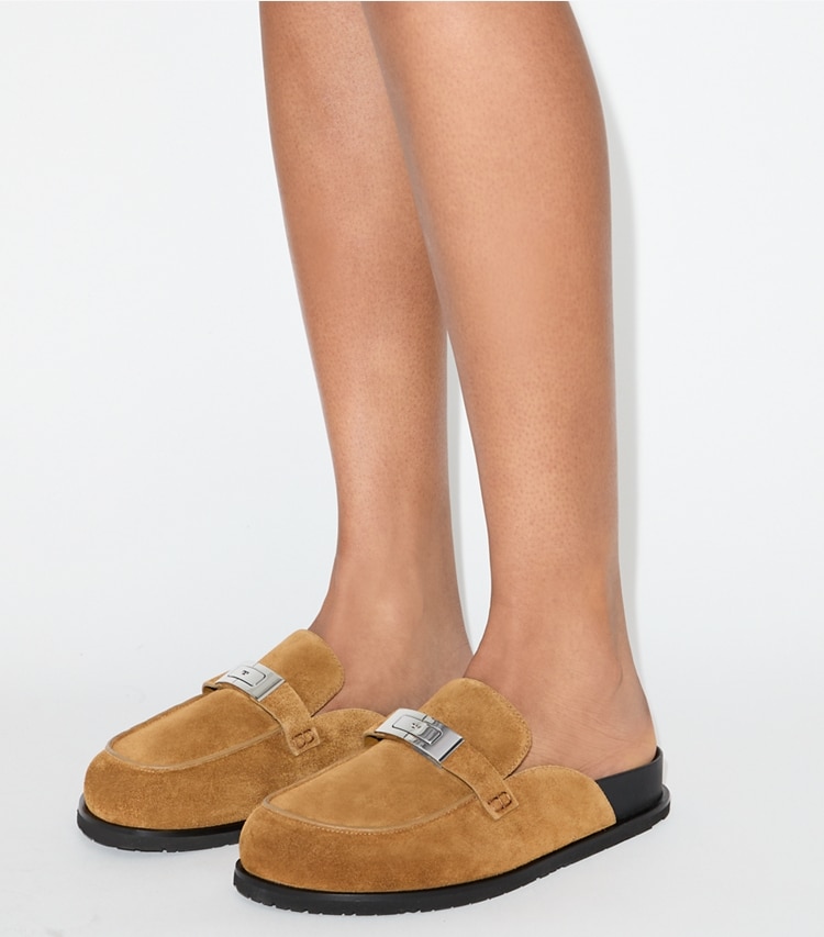 Tory Burch designer flats LeeLee Mule in TOFFEE accessory on model
