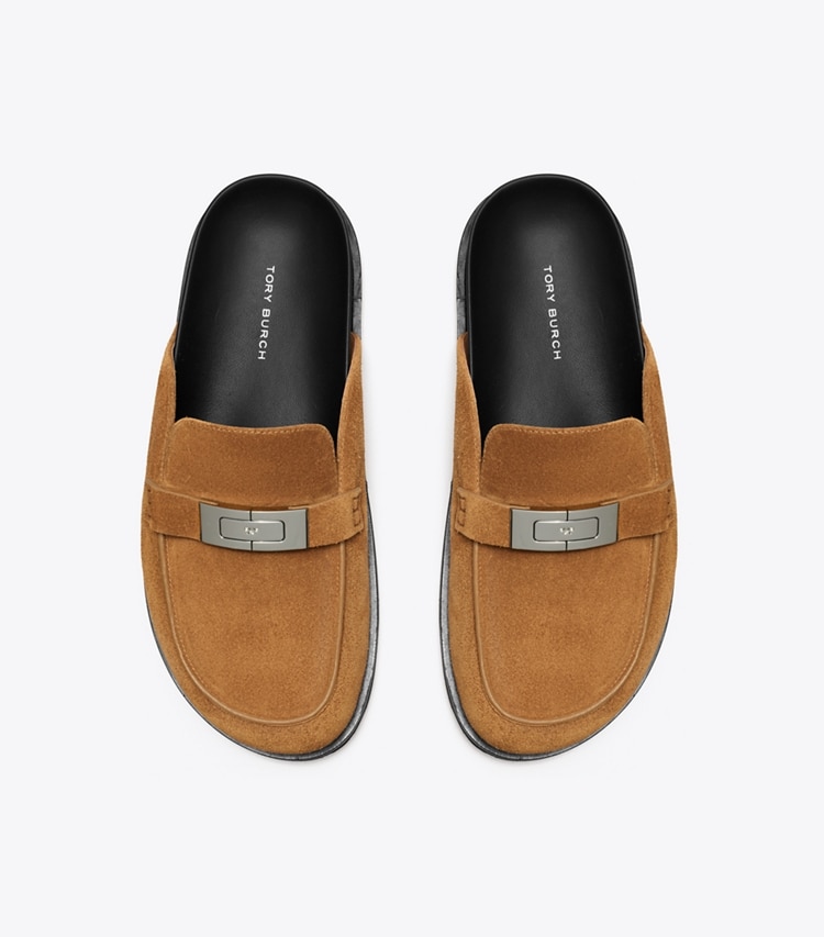 Tory Burch designer flats LeeLee Mule in TOFFEE overhead