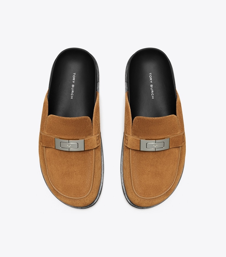 Tory Burch designer flats LeeLee Mule in TOFFEE overhead