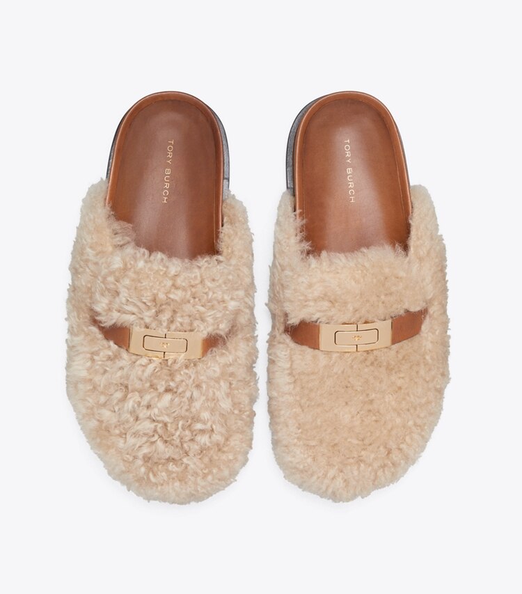 Tory Burch designer flats Leelee Mule in CLASSIC CUOIO / BUTTERMILK / GOLD overhead