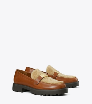 Tory Burch designer flats Leelee Shearling Lug Loafer in CLASSIC CUOIO / BUTTERMILK / GOLD angle