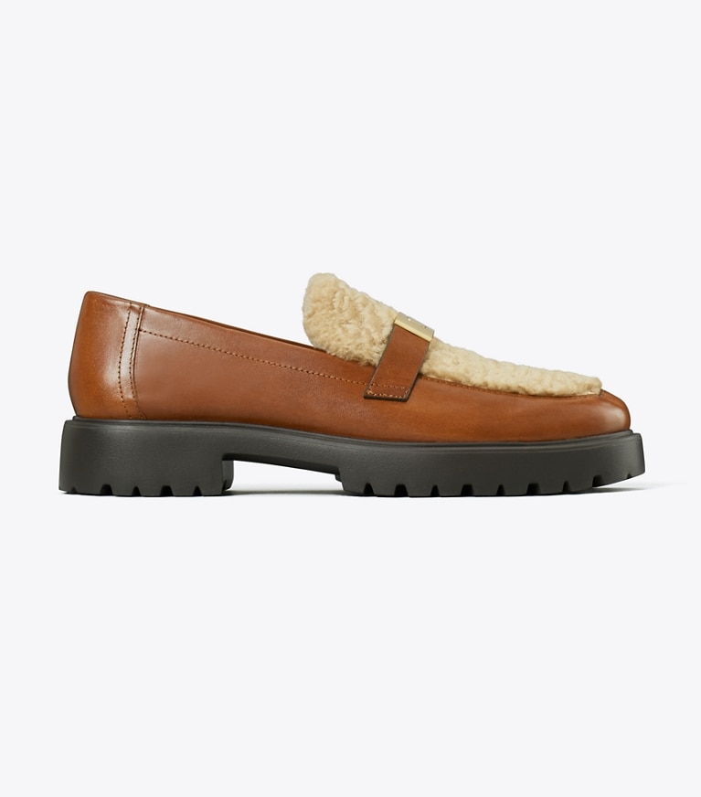Tory Burch designer flats Leelee Shearling Lug Loafer in CLASSIC CUOIO / BUTTERMILK / GOLD side