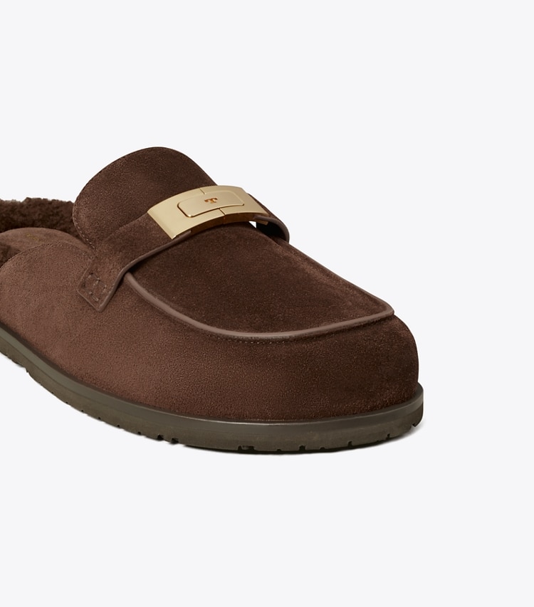 Tory Burch designer flats Leelee Shearling Mule in DARK COCOA detail