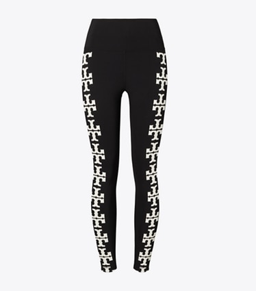 Tory Burch designer bas Legging de compression 7/8 à logo dans Black T Logo Row de face