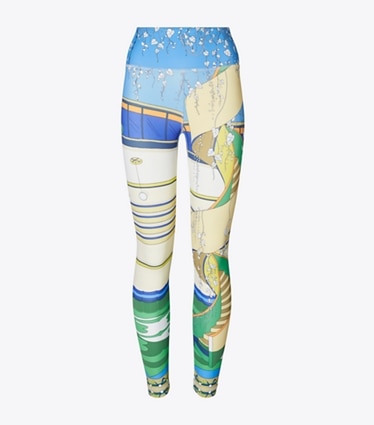 Tory Burch diseñador prendas inferiores Legging de nailon estampado en The Pool Blue frente