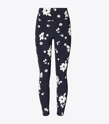 Tory Burch designer bas Legging en nylon imprimé dans Medium Navy Contrast Floral de face