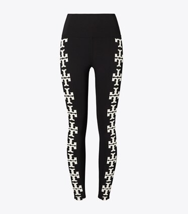 Tory Burch diseñador prendas inferiores Leggings de compresión 7/8 con logo en Black T Logo Row frontal