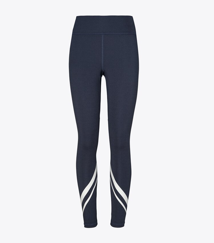 Tory Sport diseñador prendas inferiores Leggings de compresión jaspeados de chevrón de tiro alto con bolsillo lateral en Tory Navy Heather frontal