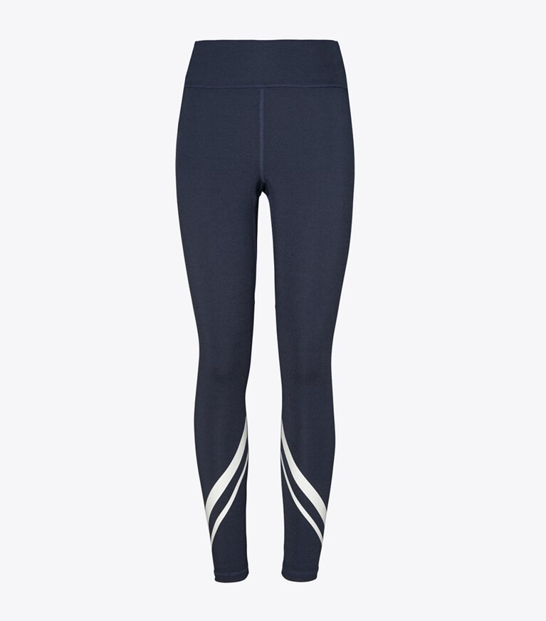 Tory Sport diseñador prendas inferiores Leggings de compresión jaspeados de chevrón de tiro alto con bolsillo lateral en Tory Navy Heather frontal