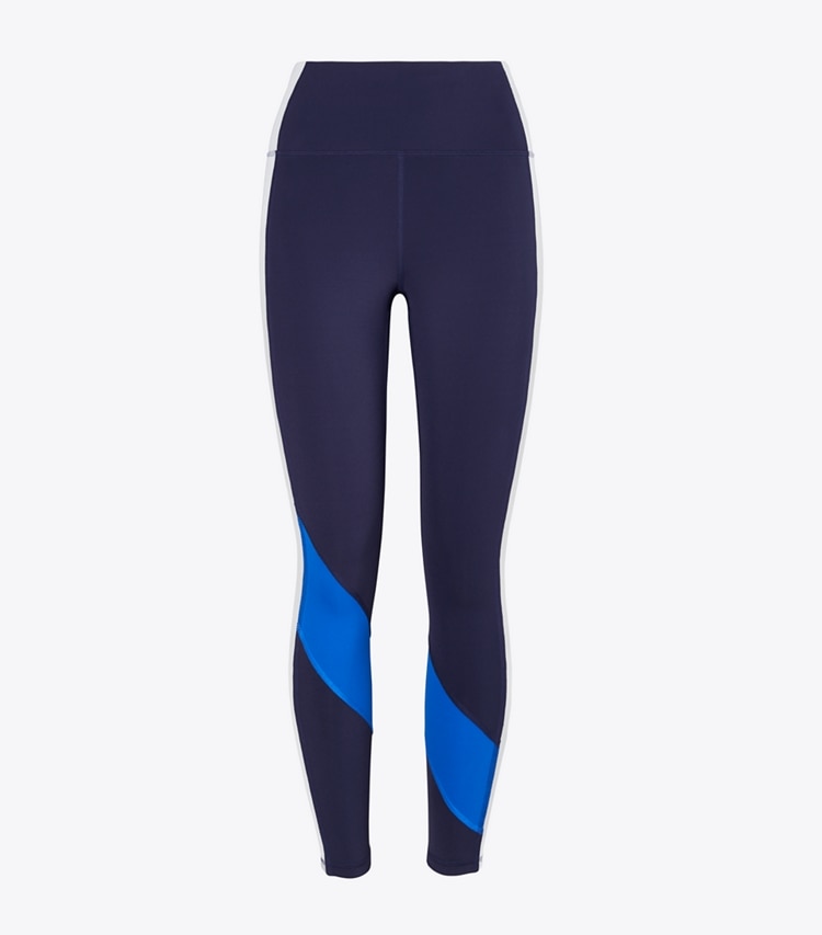 Tory Sport diseñador prendas inferiores Leggings livianos de talle súper alto con bloques de color en Tory Navy/Surf Blue frente