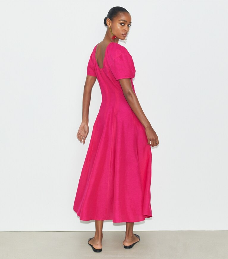 Tory Burch designer kleider Leinenkleid mit Ballonärmeln in Bold Pink front