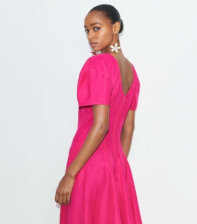 Tory Burch designer kleider Leinenkleid mit Ballonärmeln in Bold Pink front