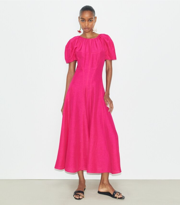 Tory Burch designer kleider Leinenkleid mit Ballonärmeln in Bold Pink modell von vorn
