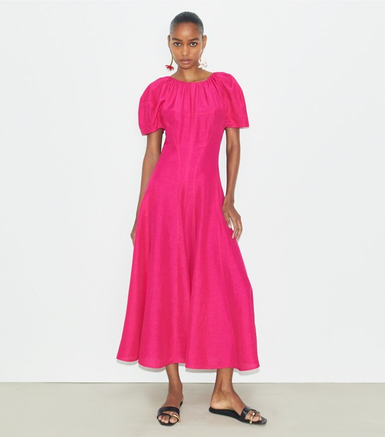 Tory Burch designer kleider Leinenkleid mit Ballonärmeln in Bold Pink front