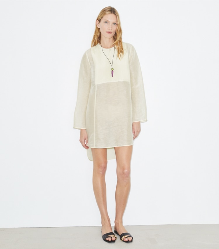 Tory Burch designer strandmode Leinentunika in New Ivory modell von vorn